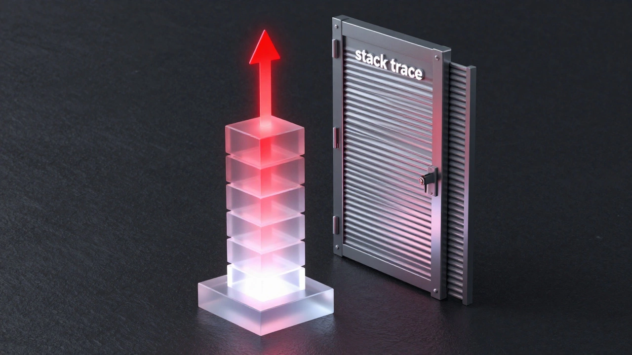 Схематичное изображение стека вызовов с импульсом исключения и закрывающимися затворами ресурсов