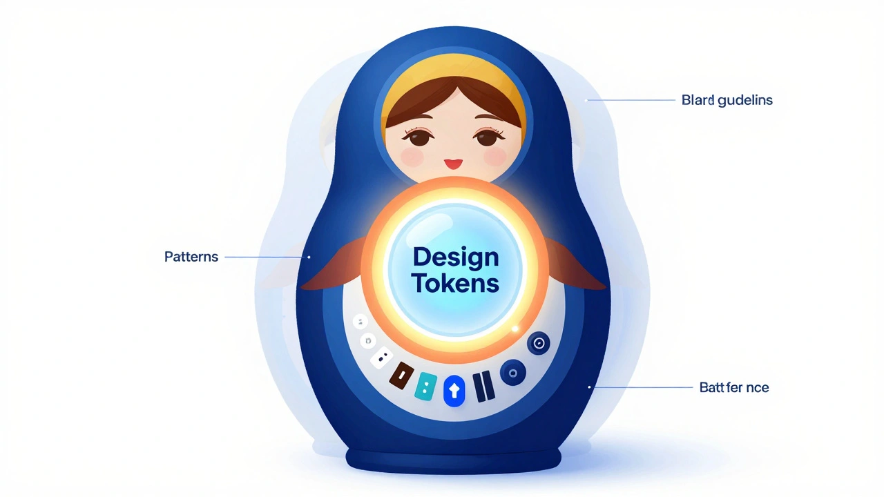 Схематичное изображение уровней дизайн-системы в виде матрешки: от токенов до гайдлайнов