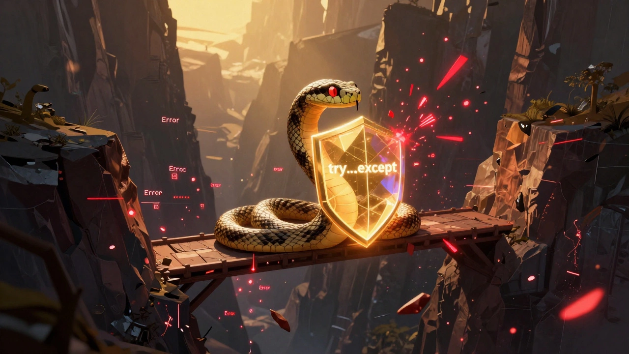 Символ Python под защитным щитом, отражающим цифровые ошибки и сбои