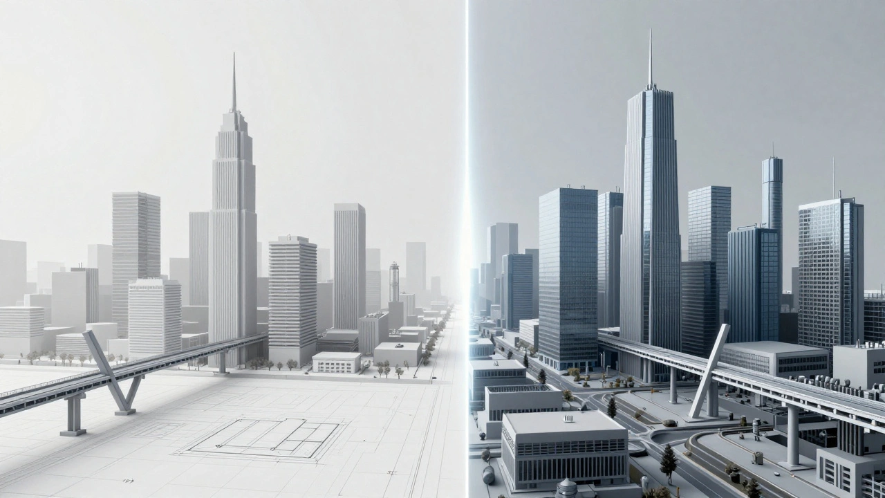 Сравнение двух цифровых городов, разделенных наклоном слэша в стиле архитектурного плана
