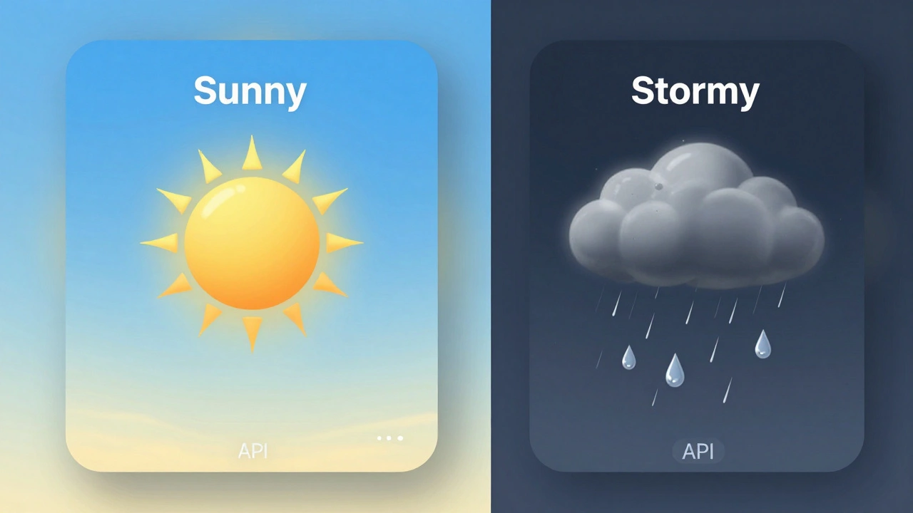 Сравнение интерфейса погодного приложения для солнечной и дождливой погоды