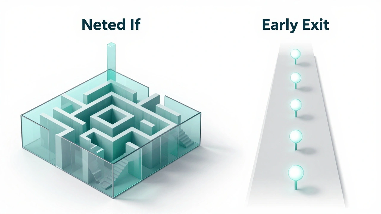 Сравнение запутанного лабиринта вложенных условий и прямого линейного пути с проверками.