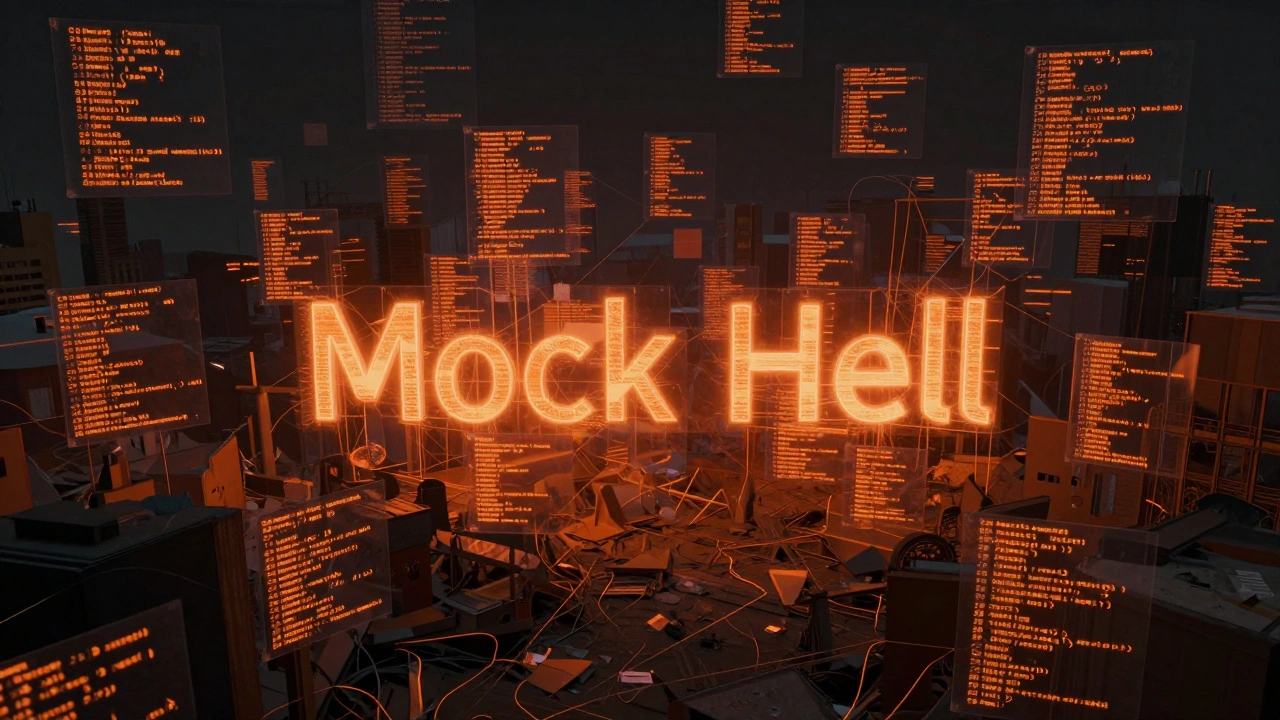 Сюрреалистическое изображение 'ада моков' с запутанной сетью неоновых патчей