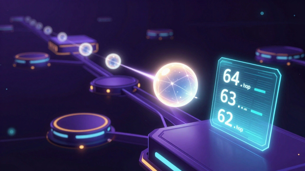 Светящийся сетевой пакет, перемещающийся между узлами с уменьшающимся счетчиком хопов TTL