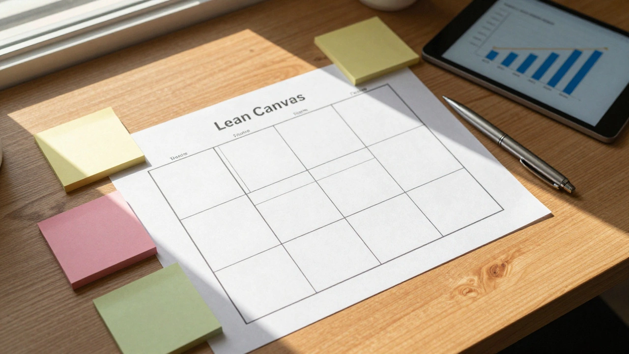 Вид сверху на заполненный шаблон Lean Canvas на рабочем столе