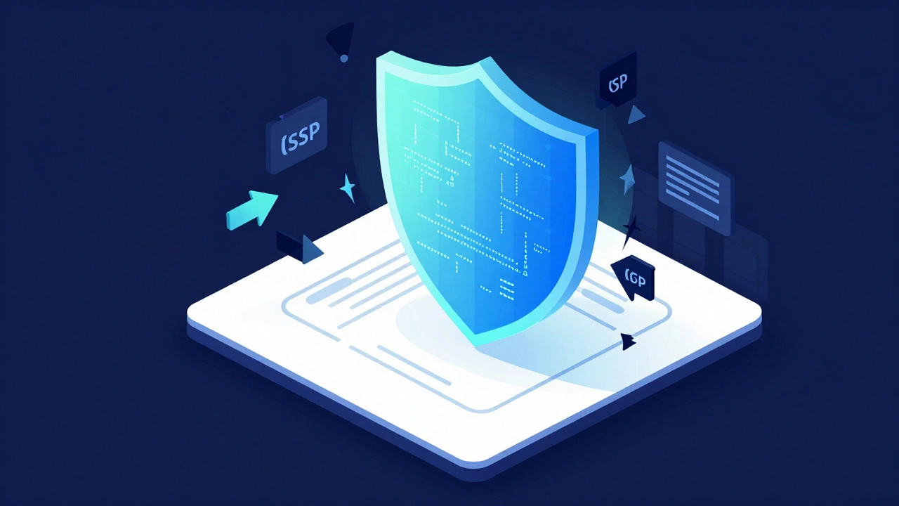 Абстрактная иллюстрация защиты веб-приложения щитом CSP от атак
