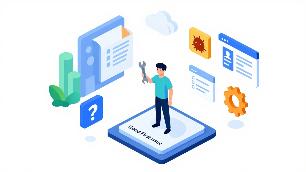 Изометрическая иллюстрация этапов вклада в Open Source проекты для новичков