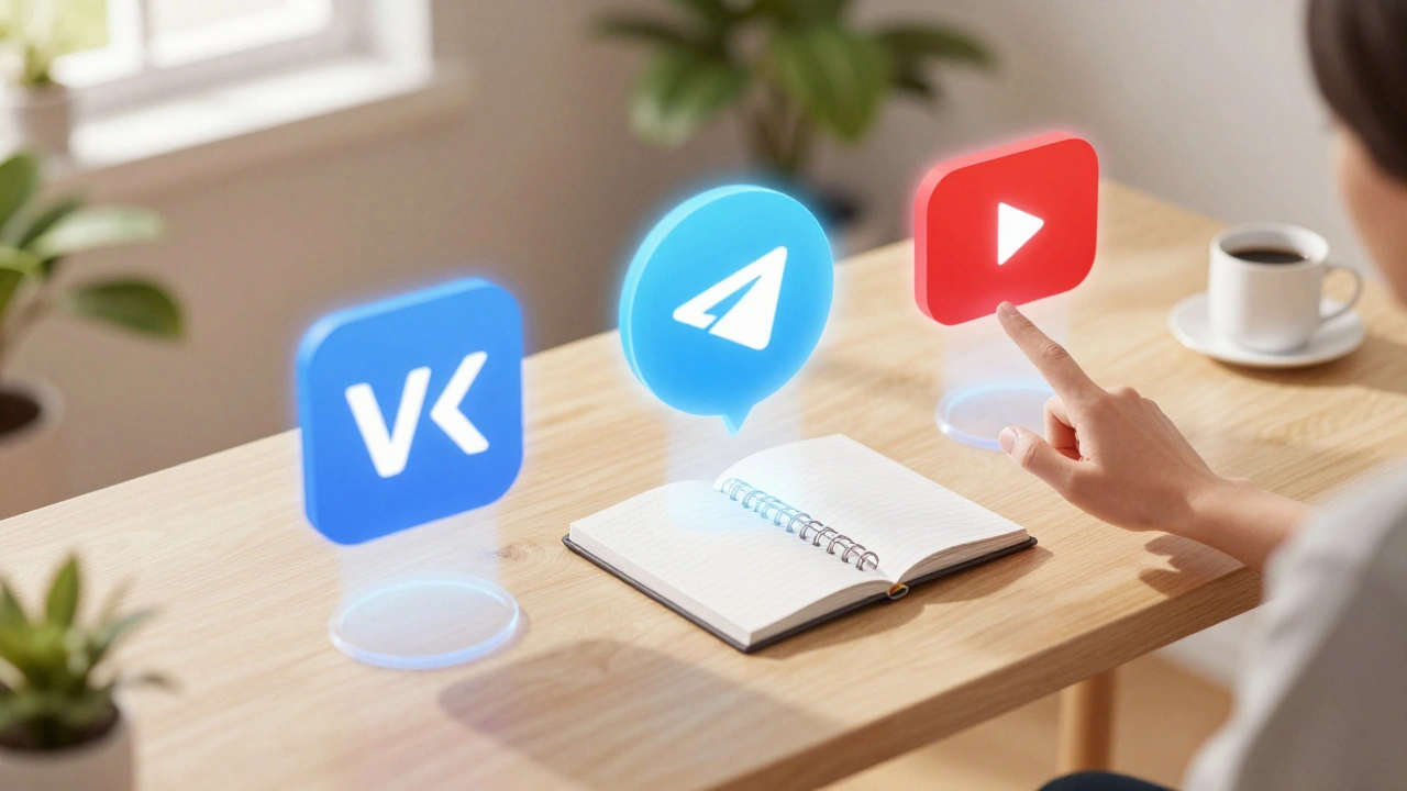 Офисный стол с голографическими порталами соцсетей VK и Telegram