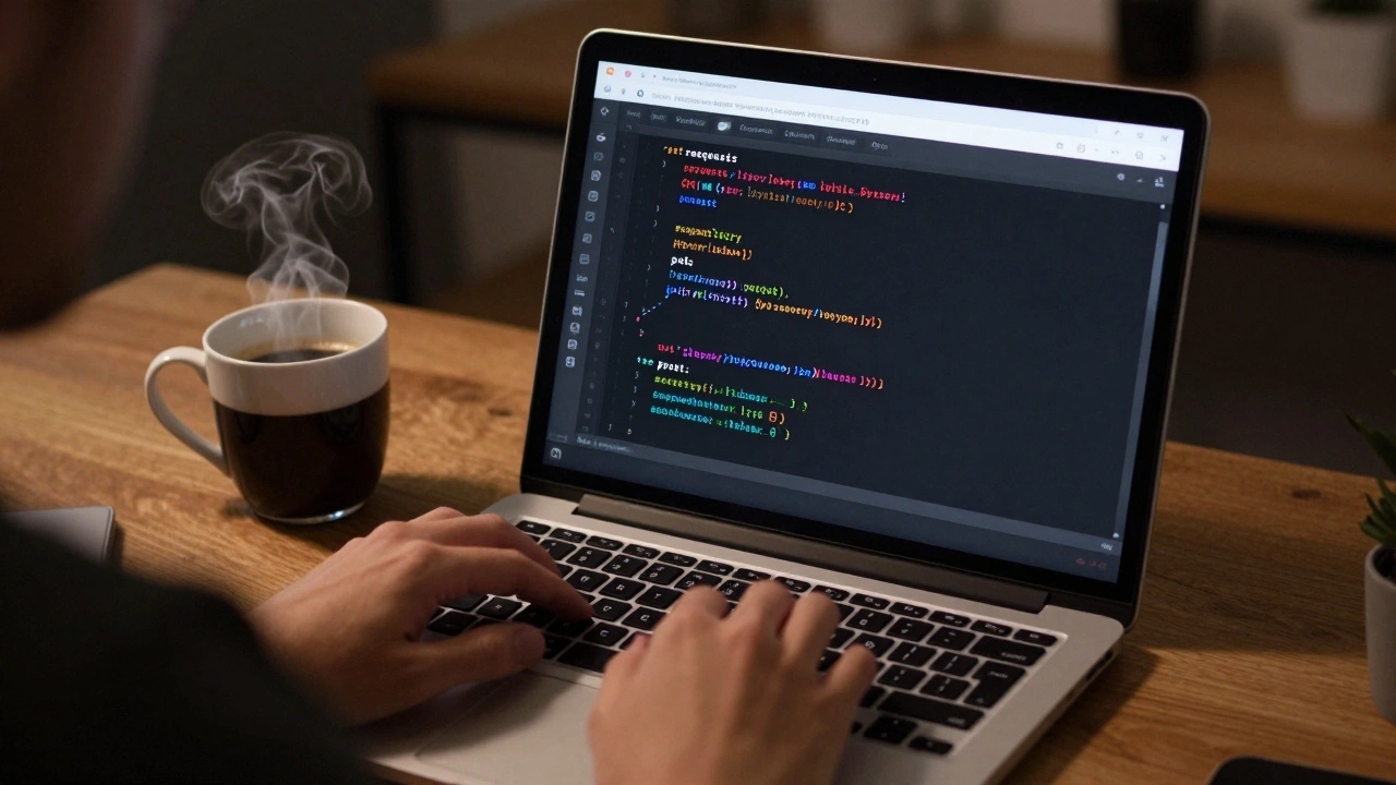 Разработчик пишет код на Python для тестирования API в домашнем офисе