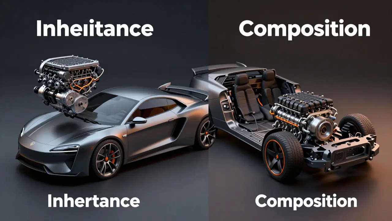 3D render comparing car inheritance vs composition with engine