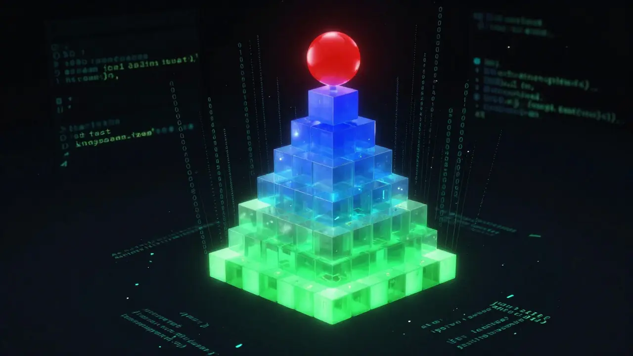 Abstract 3D rendering of a testing pyramid with layered geometric shapes representing test types
