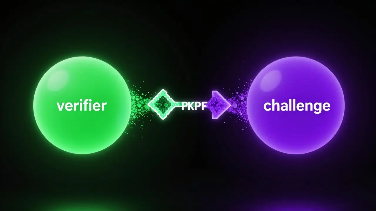 Abstract 3D visualization of OAuth PKCE data exchange between app and server