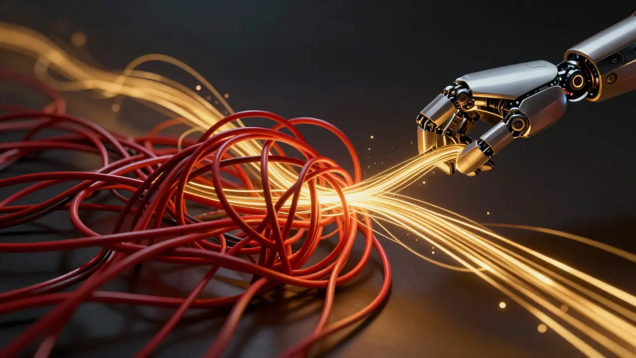 Abstract art showing chaotic wires organized into smooth golden streams