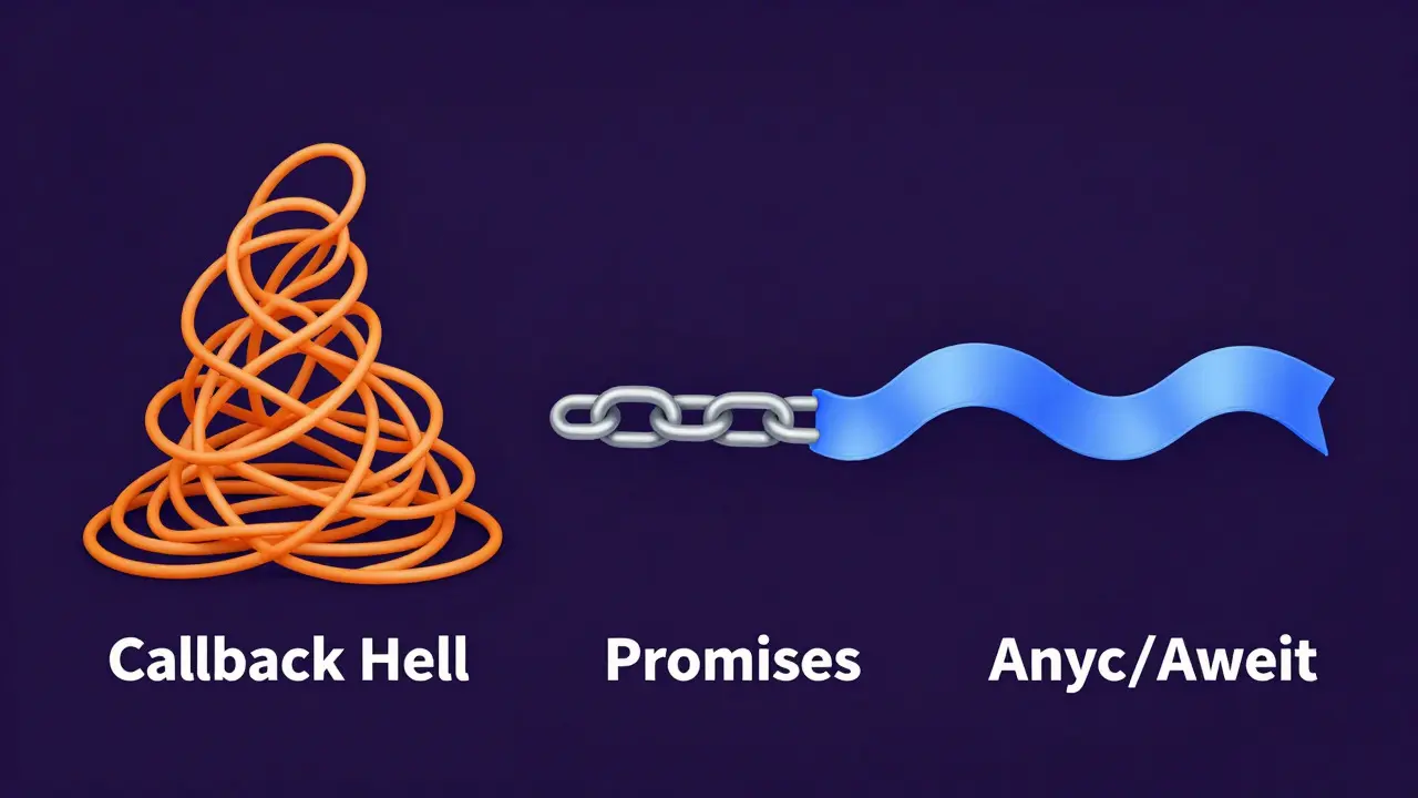 Abstract comparison of tangled cables, linked chains, and a smooth ribbon representing different JS patterns