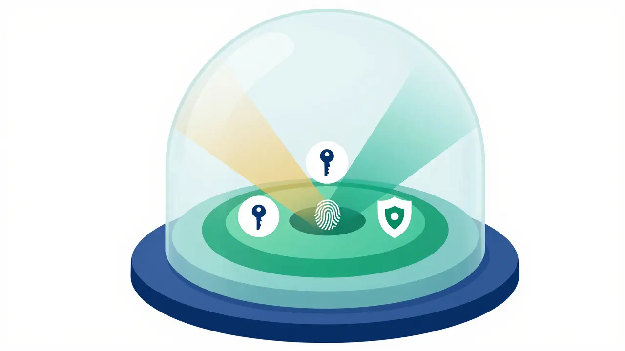 Abstract diagram showing layered security rings surrounding a central core with icons