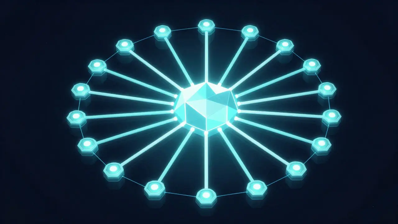 Abstract digital art showing a central core connecting to an ordered grid of nodes