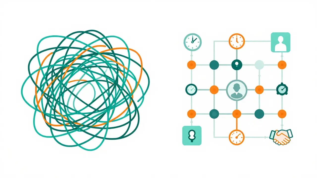 Abstract illustration contrasting isolated work with structured team sprints