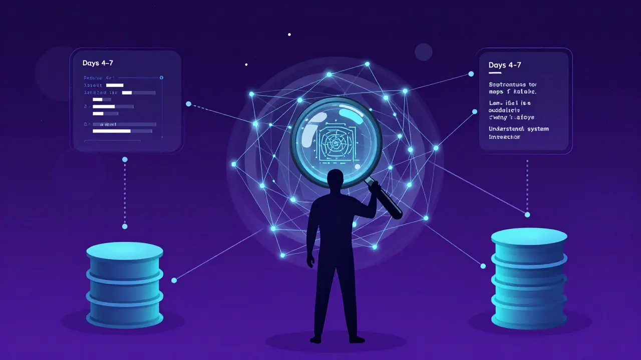 Abstract illustration of a person analyzing complex software architecture connections