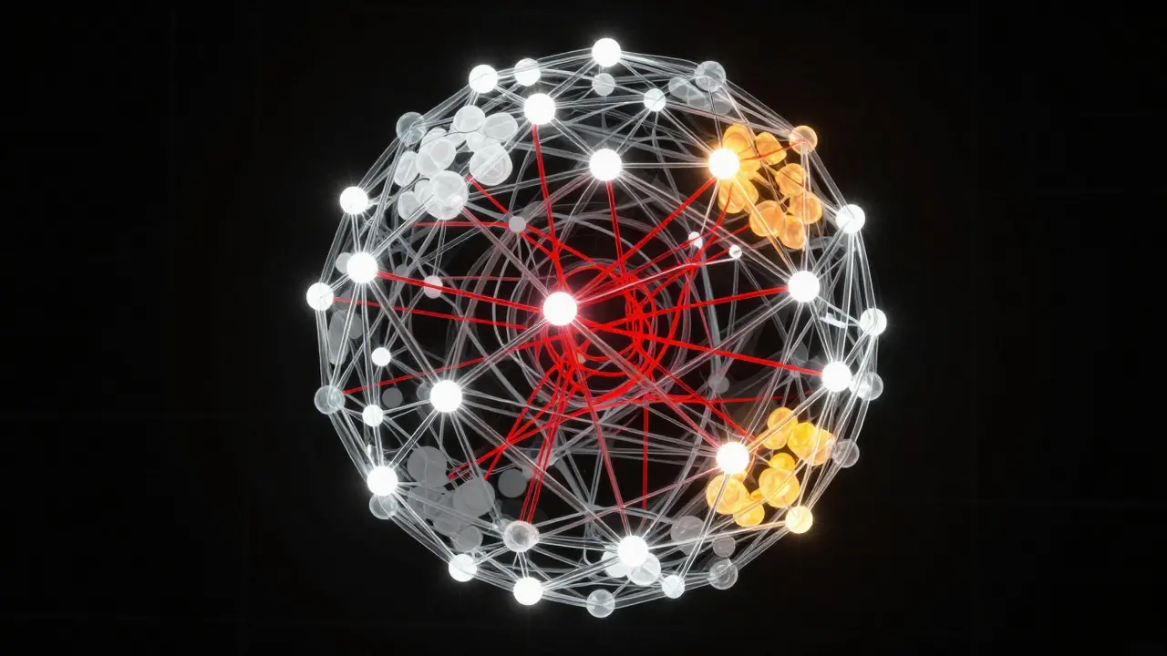 Abstract network diagram with tangled nodes and amber warning lights