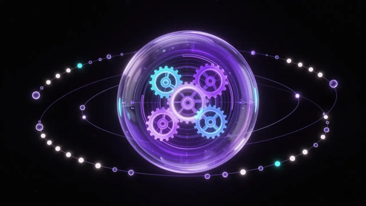 Abstract visualization of an event loop managing multiple concurrent request orbs