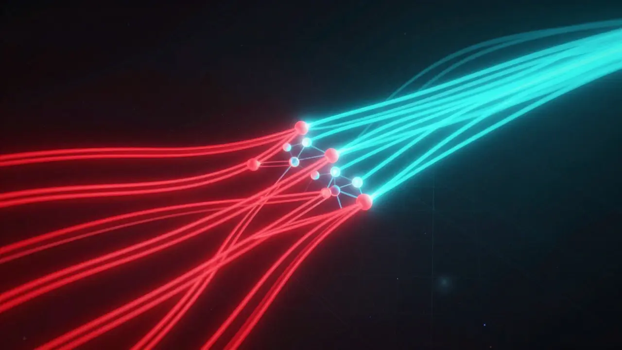 Abstract visualization of sequential red wires versus parallel cyan data streams