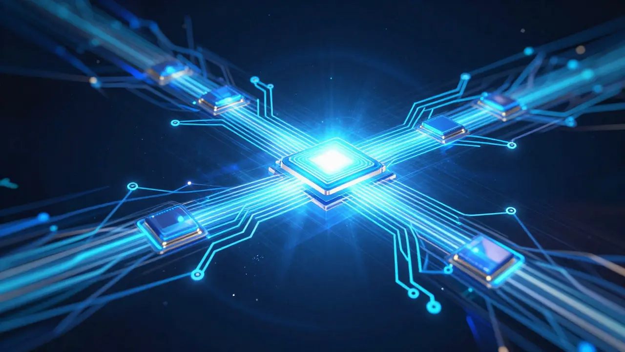 Абстрактное изображение параллельного выполнения тестов через потоки света