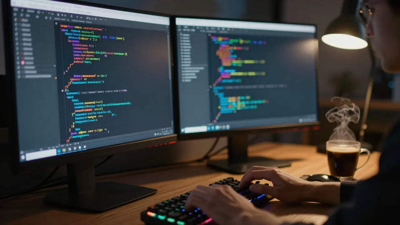 Close-up of a programmer working late at night with glowing monitors displaying code
