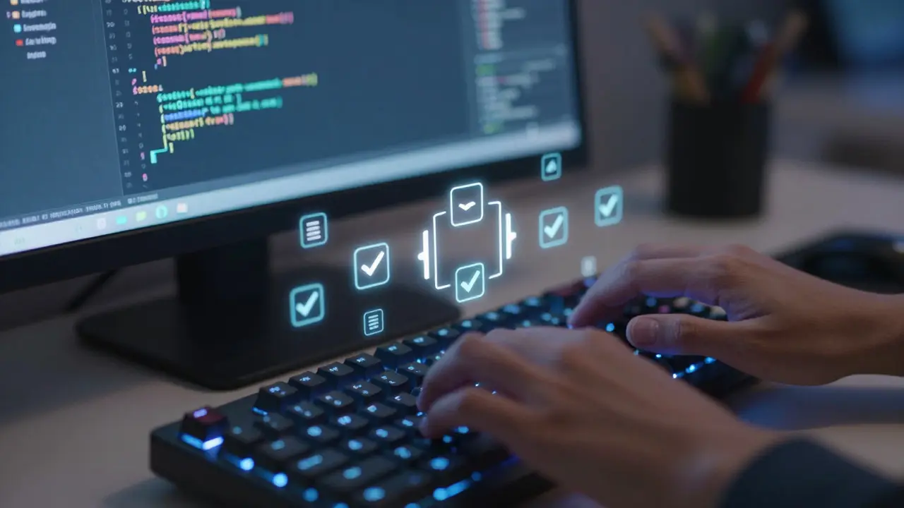 Close up of hands typing on a keyboard with abstract code elements floating above
