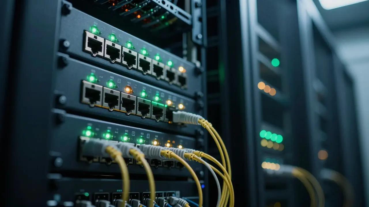 Close-up of server rack LEDs indicating active network connections in a data center