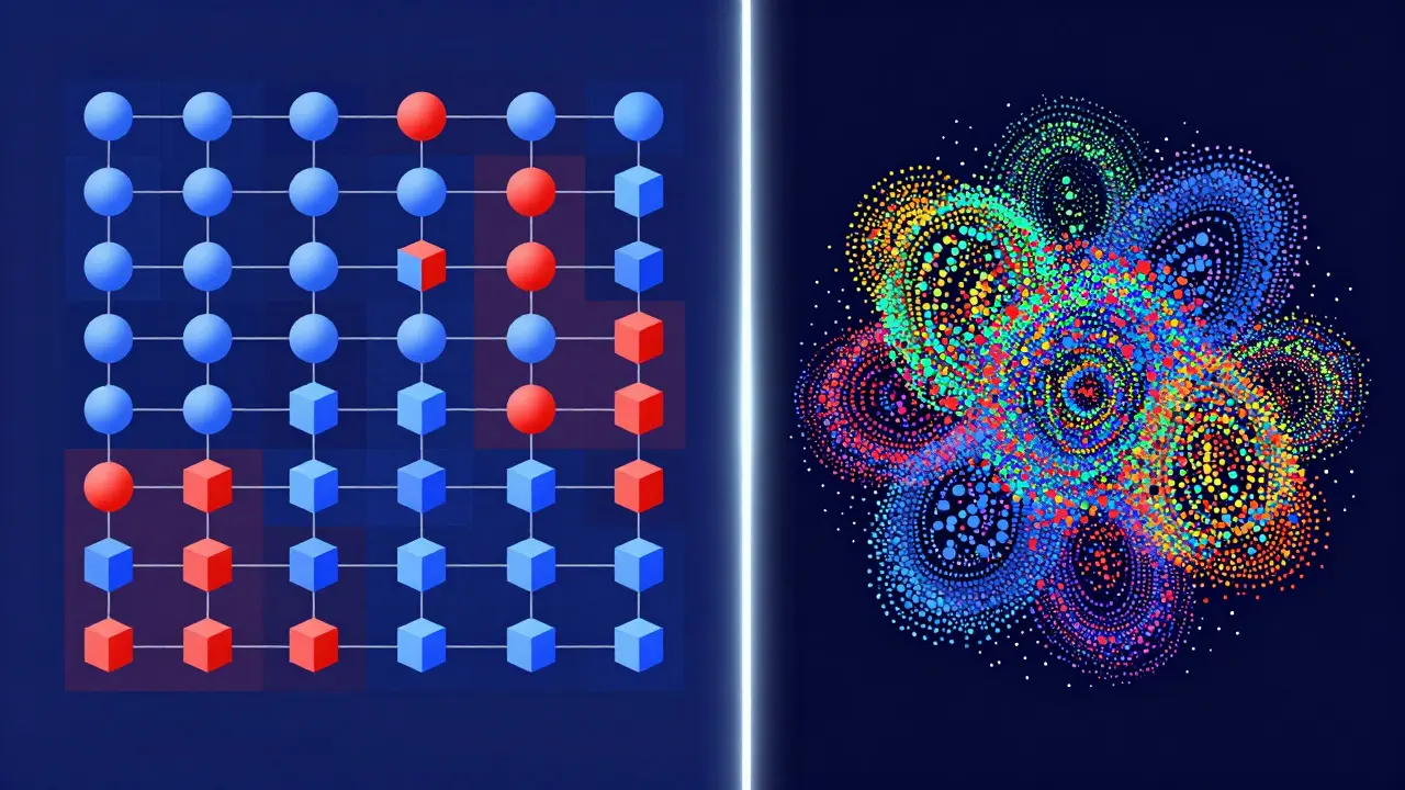 Conceptual art comparing structured supervised learning with organic unsupervised clustering