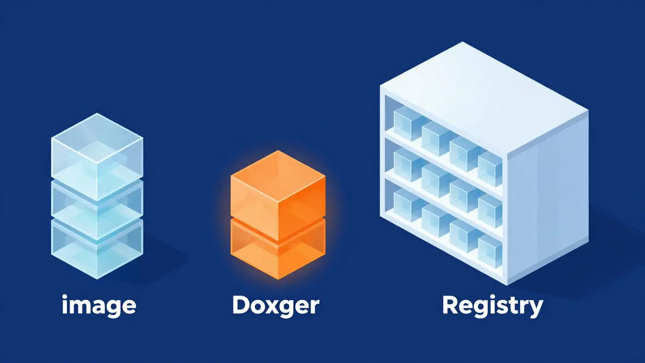 Conceptual illustration of Docker images, containers, and registry structure