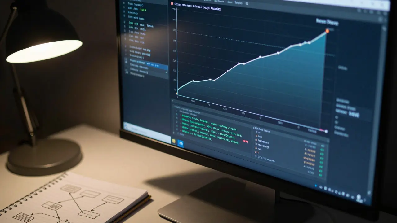 Developer's desk at night with a monitor showing rising memory graphs and handwritten notes