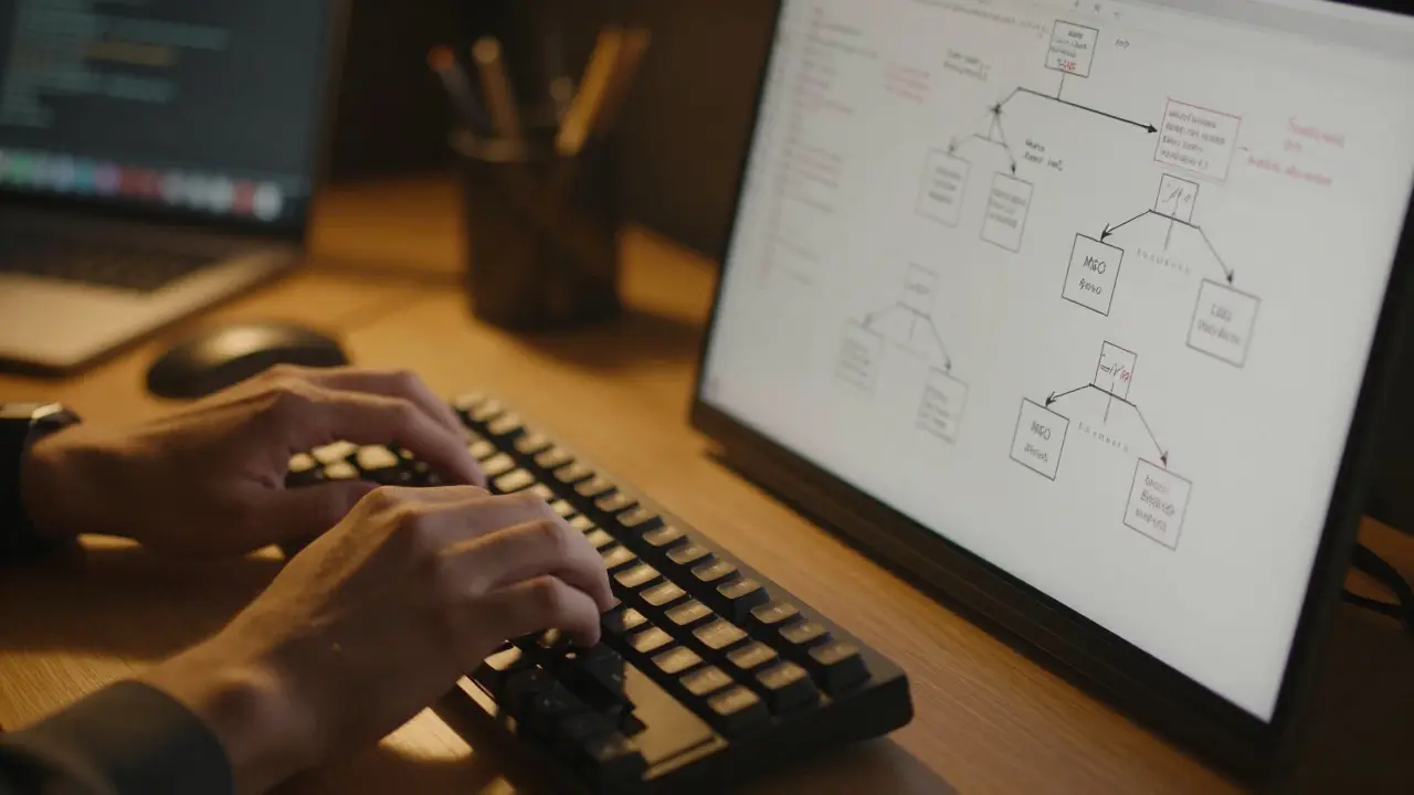 Developer working at night with blurred code diagrams on a whiteboard