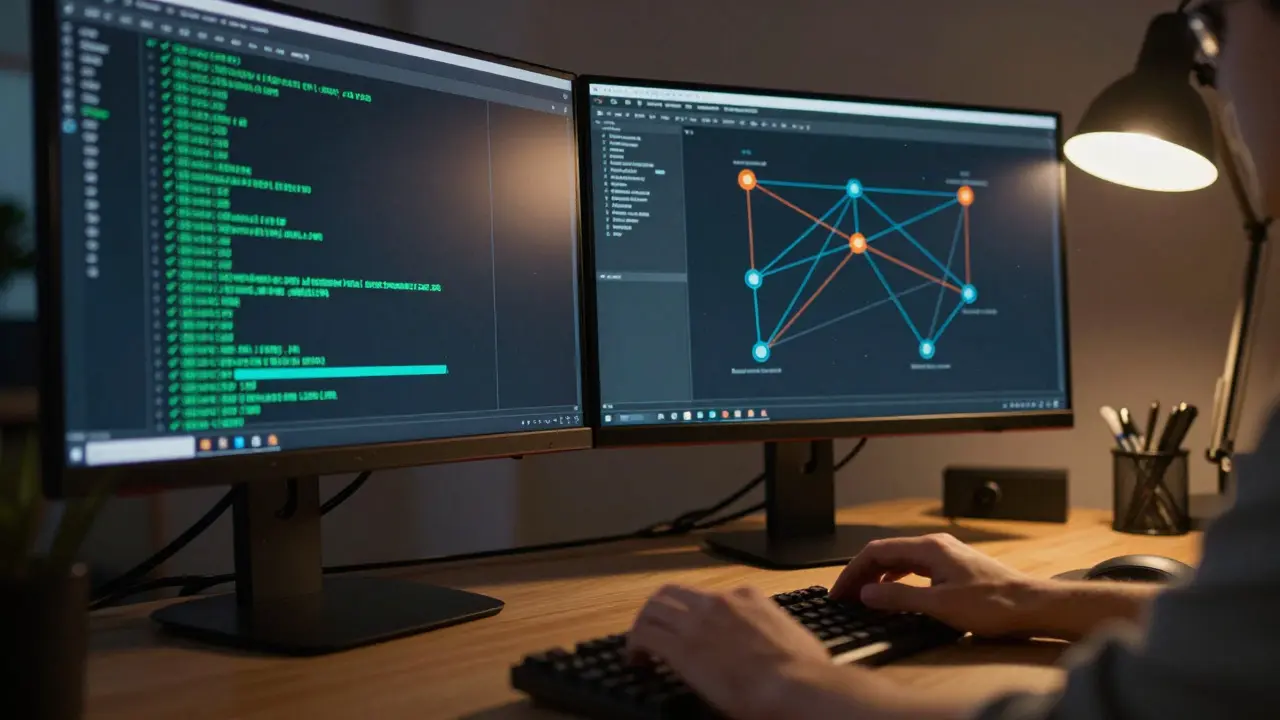 Developer workspace at night showing automated test results and dependency graphs on monitors