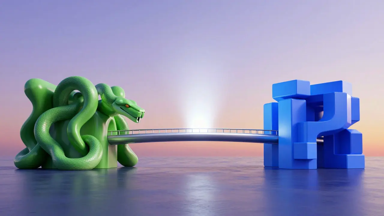 Digital bridge connecting green and blue structures under a beacon