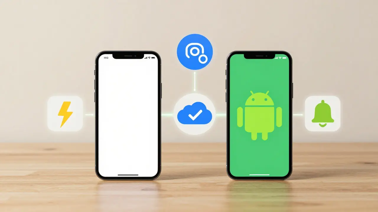 Два смартфона на столе со связью между ними и иконками функций