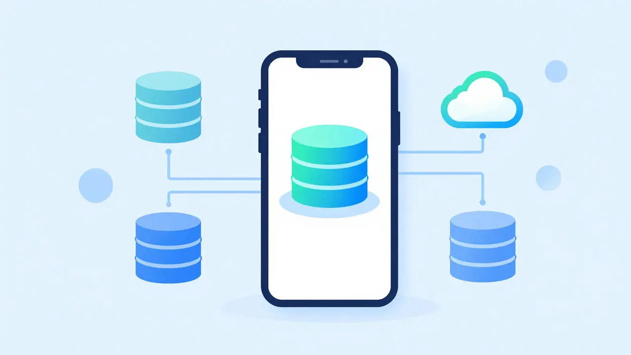 Flat vector illustration of data flow and storage concepts around a phone