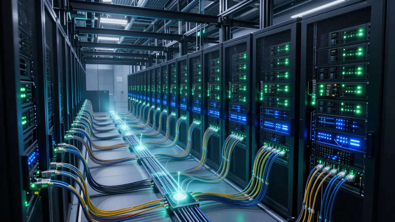Futuristic server room with glowing network connections representing CI/CD