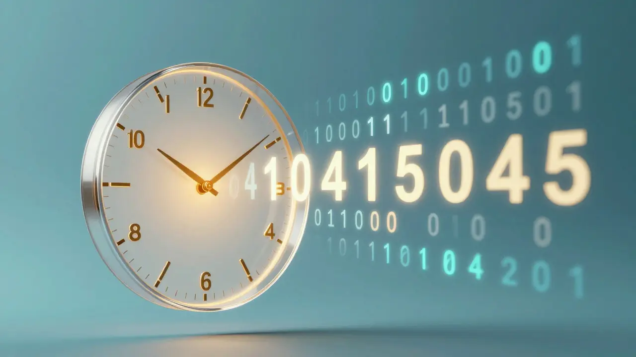Glass clock and floating digits illustrating data type conversion