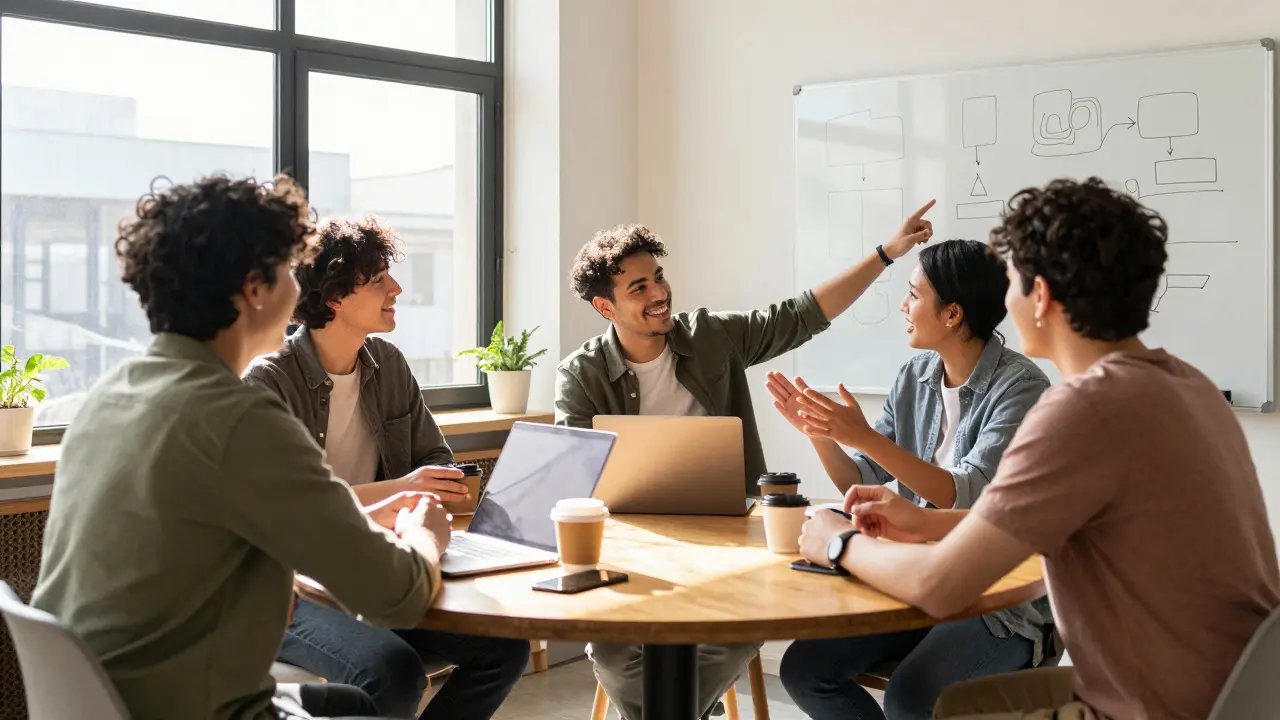 Group of happy developers discussing around a table in a bright office