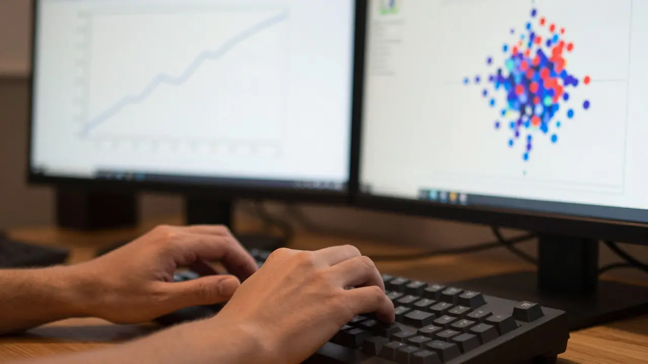 Hands coding with monitors displaying regression and clustering plots
