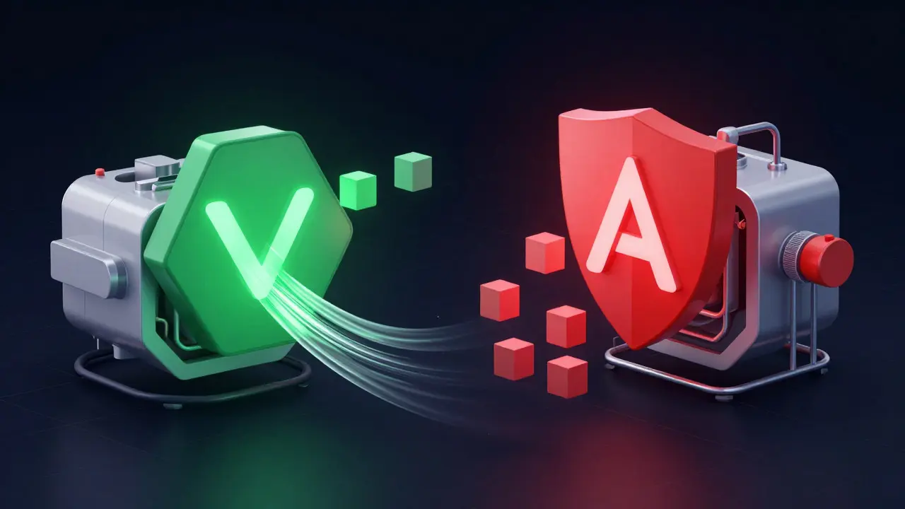 Иллюстрация работы механизмов Vue.js и Angular с визуализацией обработки данных