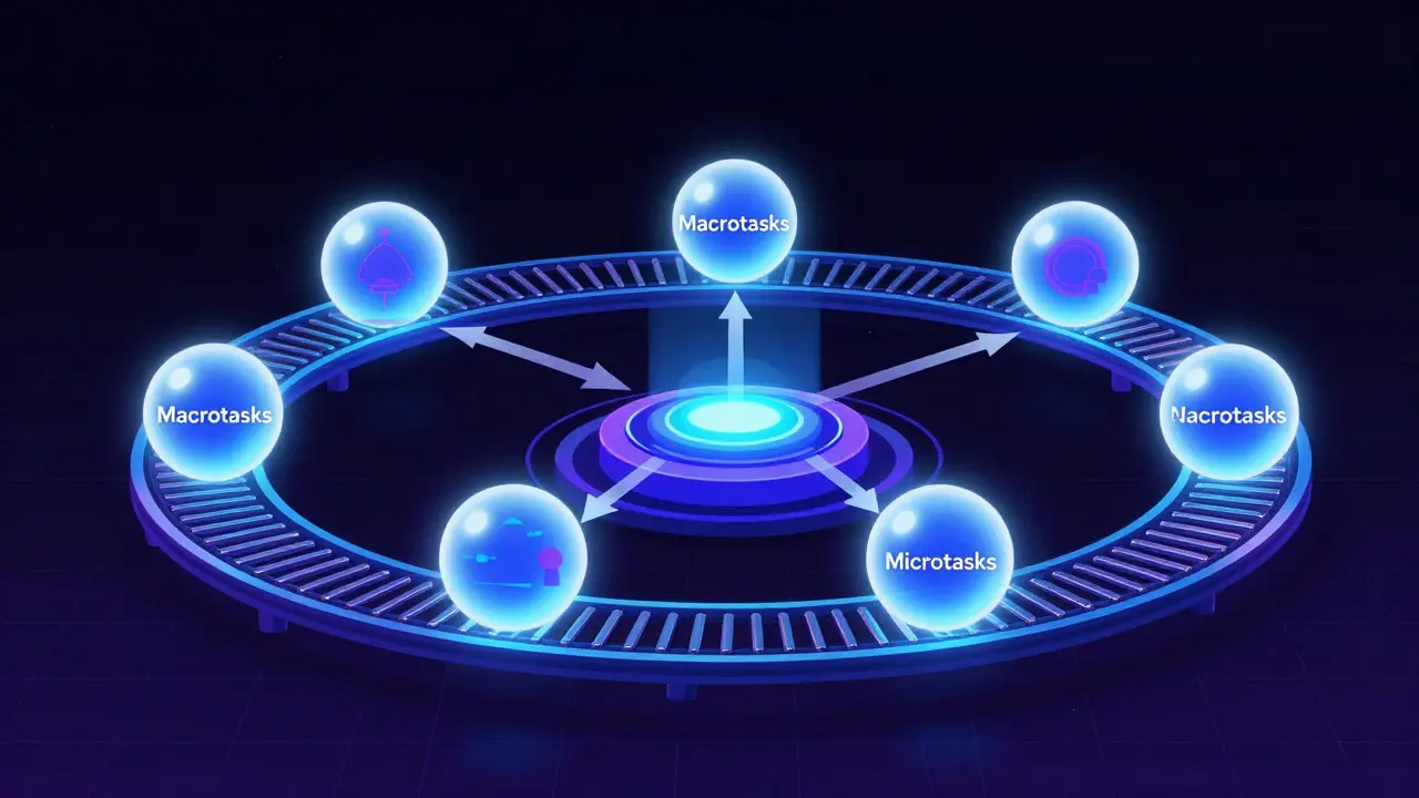 Концептуальная иллюстрация механизма Event Loop в JavaScript с неоновыми элементами