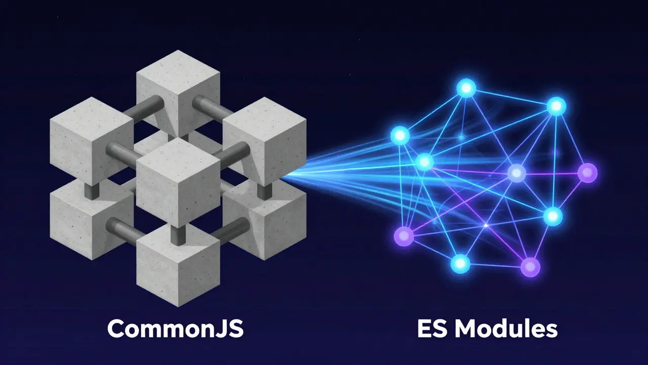 Концептуальная иллюстрация сравнения структур CommonJS и ES Modules