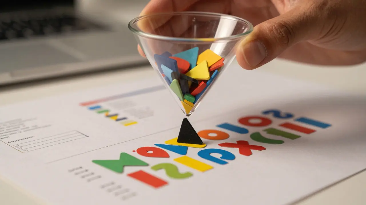 Macro shot of a hand using a glass funnel to sort colorful data shapes