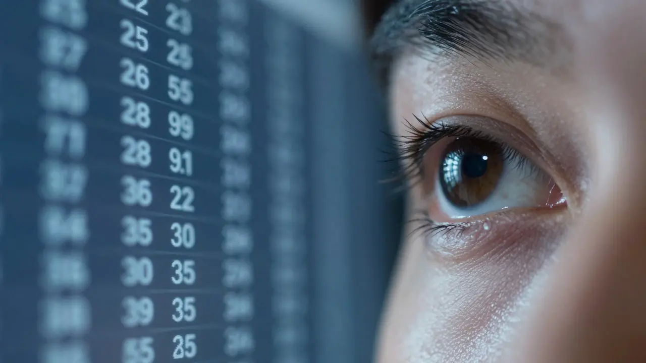 Macro shot of an eye reflecting digital numbers, symbolizing data review