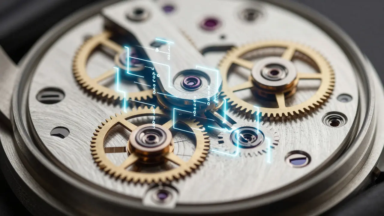 Macro view of watch gears interwoven with glowing code symbols