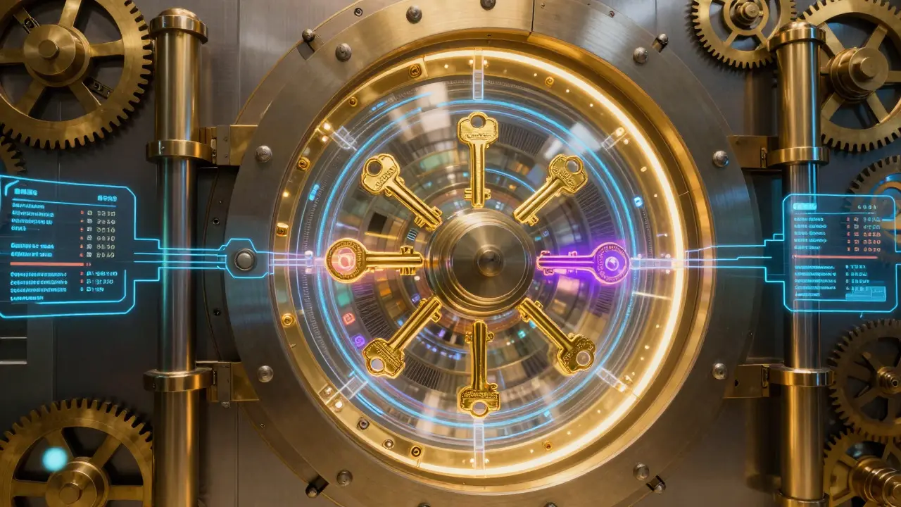 Mechanical vault with holographic interfaces and golden key tokens
