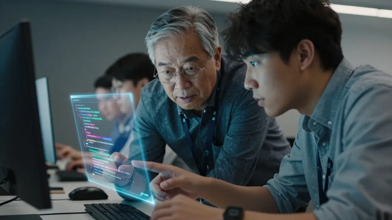 Mentor and junior developer collaborating closely on a coding task in a modern office