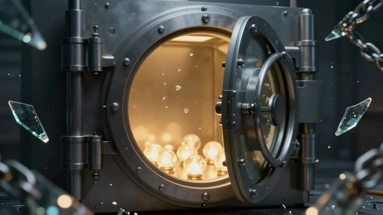 Metallic vault storing glowing tokens amidst broken glass